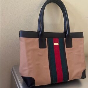 Gucci Tan and Black Tote Bag with Red and Green Stripes